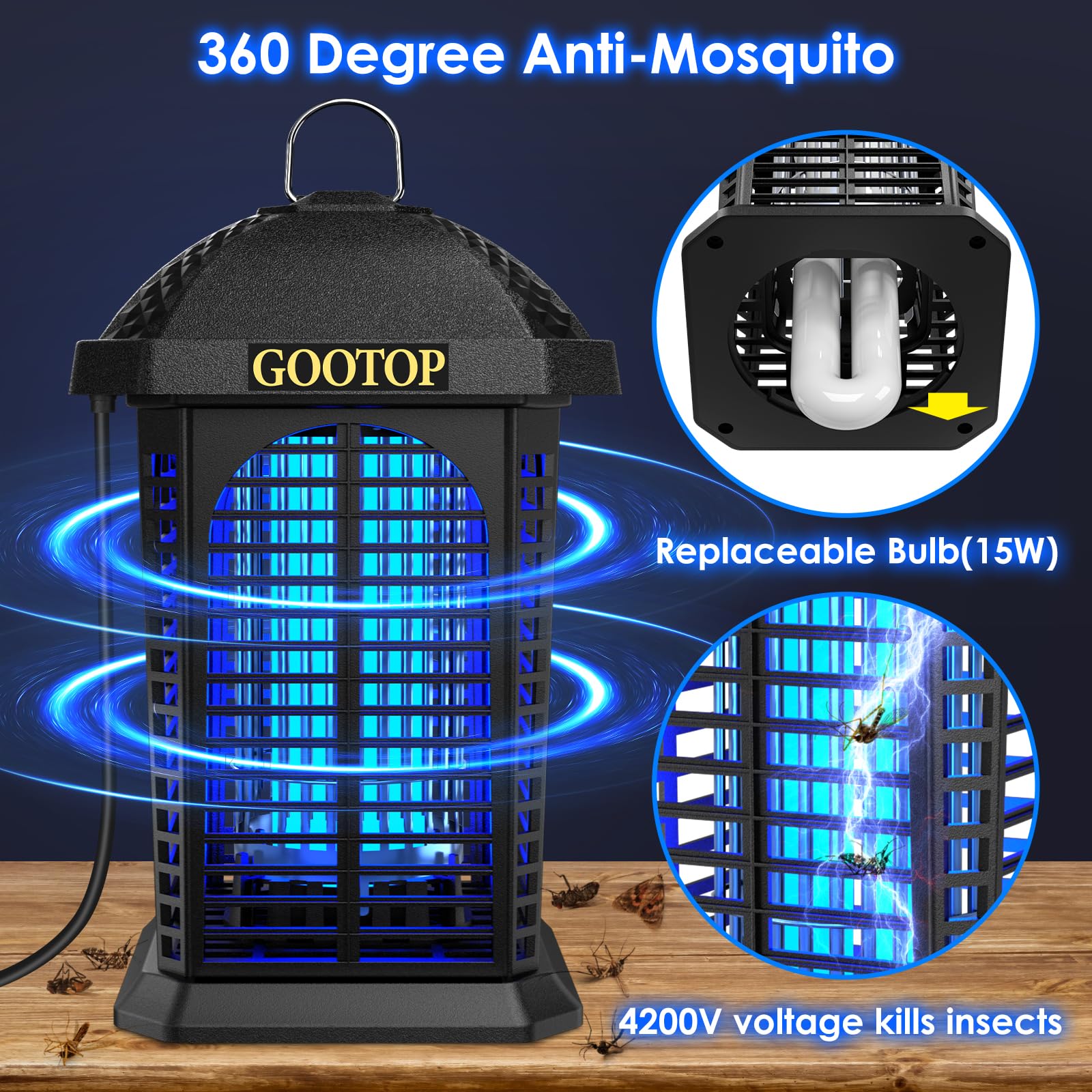 GOOTOP Bug Zapper Outdoor, Electric Mosquito Zapper, Fly Traps, Fly Zapper, Mosquito Killer Indoor 3 Prong Plug, 90-130V, ABS Plastic Outer