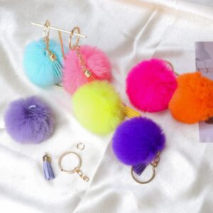 winee 48 pieces Pom Poms Keychains Bulk Puff Ball Keychain Fluffy Soft Artificial Faux Fur Puff Ball Keychain Accessories with Tassels and Keyrings for Women Girls