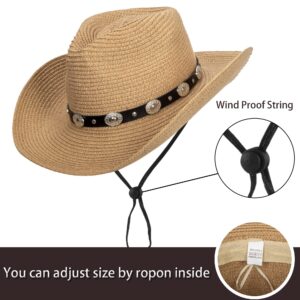 Eohak Shapeable Womens Straw Cowboy Hat Panama Wide Brim Cowgirl Western-Hat with Belt Summer Beach Hat