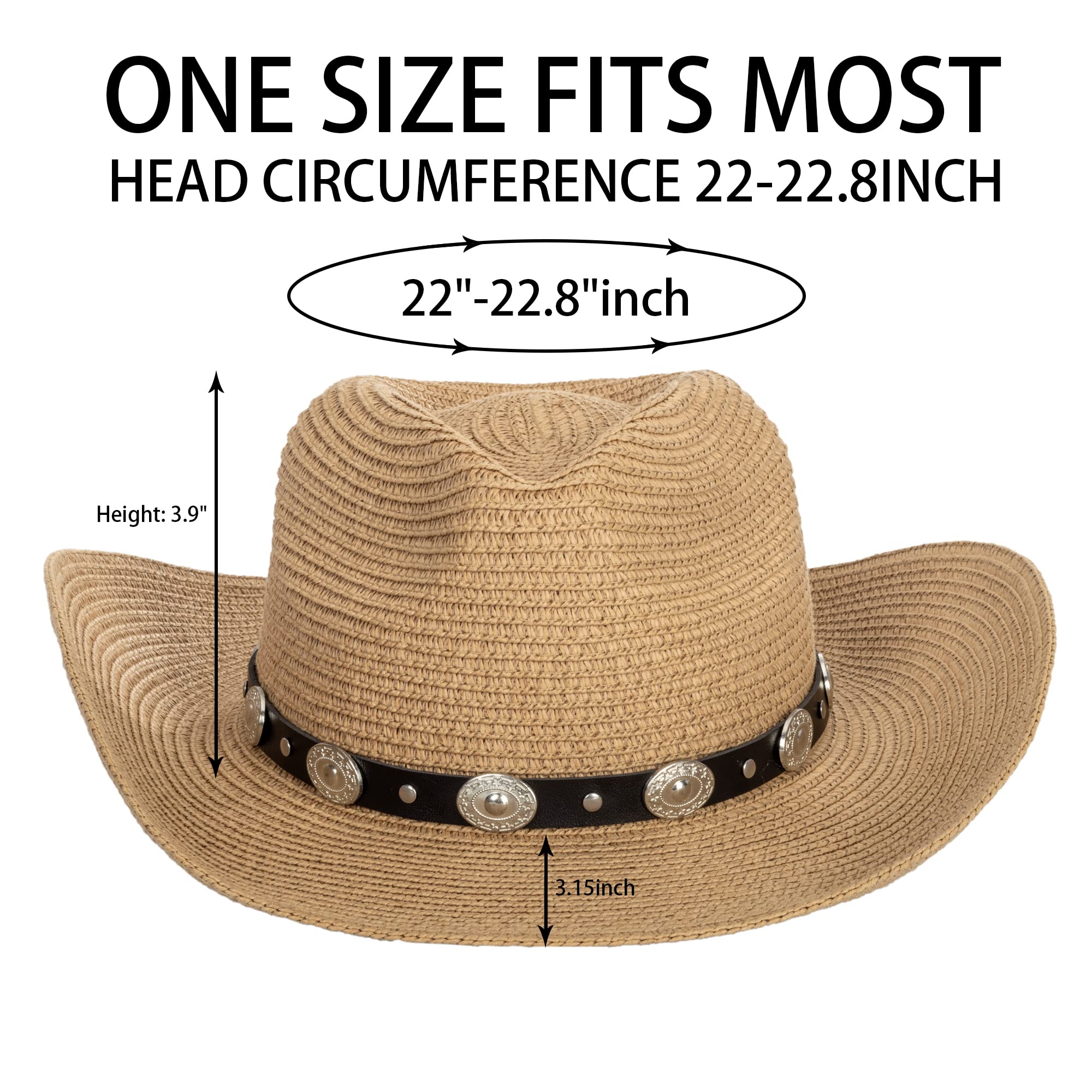 Eohak Shapeable Womens Straw Cowboy Hat Panama Wide Brim Cowgirl Western-Hat with Belt Summer Beach Hat