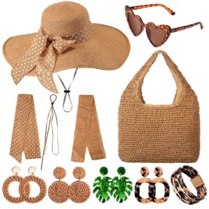 15 Pcs Women Straw Beach Hat and Straw Bag and Boho Hoop Drop Dangle Earrings Summer Sunglasses for Bohemia Women Beach Jewelry Sets