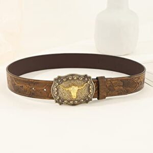 Verdusa Women's Vintage Western Leather Buckle Belt Yellow Brown Cattle 70