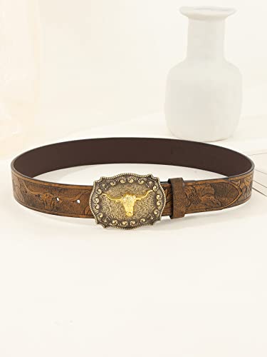 Verdusa Women's Vintage Western Leather Buckle Belt Yellow Brown Cattle 70