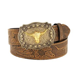 Verdusa Women's Vintage Western Leather Buckle Belt Yellow Brown Cattle 70