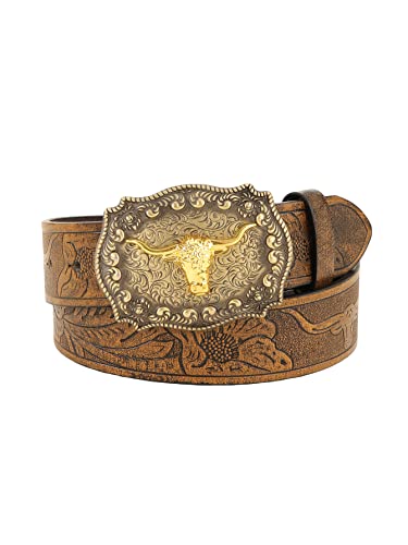 Verdusa Women's Vintage Western Leather Buckle Belt Yellow Brown Cattle 70