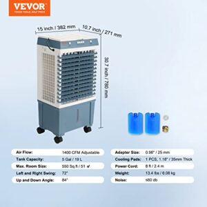 VEVOR Evaporative Air Cooler,100W 1400CFM Swamp Cooler with 5 Gallon Water Tank,Humidifying,3 Modes & Speeds Portable 3-IN-1 Cooling Fan,Energy-Saved Air Cooler for 550 Sq.Ft Indoor or Outdoor