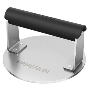 fangsun smashed burger press, burger smasher for griddle, heavy-duty stainless steel hamburger press with heat-resistant handle, non stick bacon press, 6-inch grill meat press, griddle accessories kit