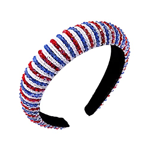 NVENF 4th of July Headbands for Women Red Blue White Crystal Rhinestone Padded Headbands American Flag Patriotic Headbands 4th of July Hair Accessory Gifts (Flag Color)