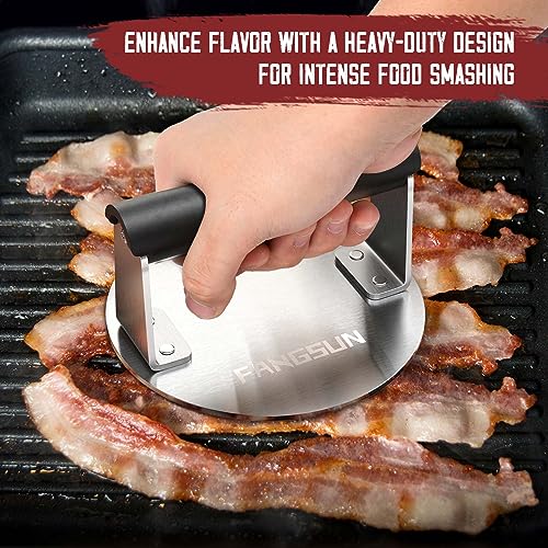 FANGSUN Smashed Burger Press, Burger Smasher for Griddle, Heavy-duty Stainless Steel Hamburger Press with Heat-resistant Handle, Non Stick Bacon Press, 6-Inch Grill Meat Press, Griddle Accessories Kit