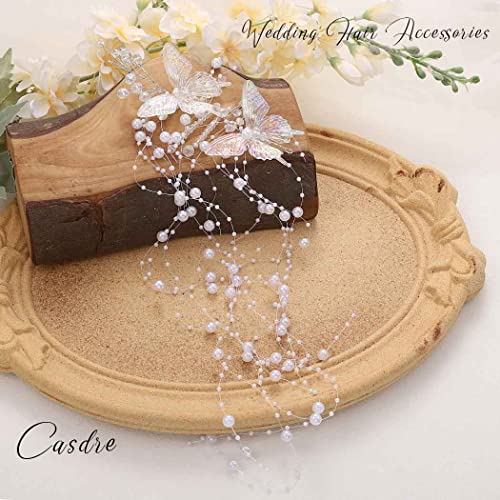 CASDRE Butterflies Bride Wedding Hair Vine Silver Pearl Bridal Headband Rhinestone Headpiece Hair Accessories for Women and Girls