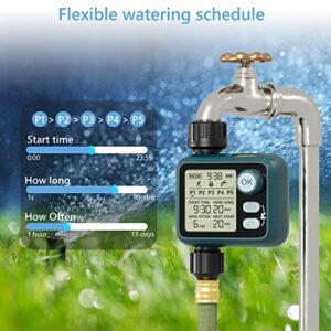 Sprinkler Timer with Rain Sensor and 5 Separate Watering Irrigation Programs, Diivoo Water Hose Timer with Auto & Manual Mode, IPX5 Waterproof for Garden, Outdoor Lawn, Pool