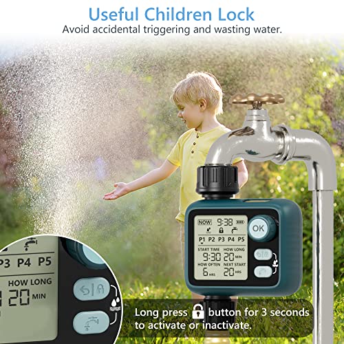 Sprinkler Timer with Rain Sensor and 5 Separate Watering Irrigation Programs, Diivoo Water Hose Timer with Auto & Manual Mode, IPX5 Waterproof for Garden, Outdoor Lawn, Pool