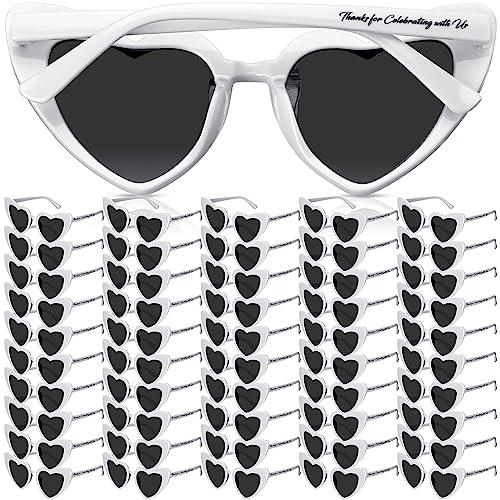 Vabean 50 Pcs Wedding Bridal Sunglasses Party Favors for Guests Bulk Heart Shaped Sunglasses Bachelorette Sunglasses Favors Gift (White)