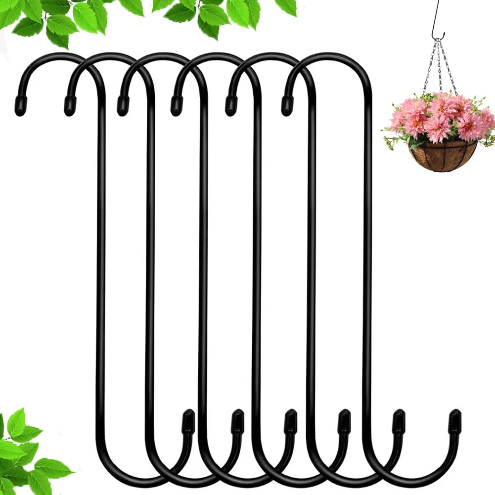 LRUUIDDE Extra Large Plant S Hooks (6 Pack 10 inch) Rust Resistan Heavy Duty Long S Hooks for Hanging Plant,Tree Branch,Bird Feeder, Pans Closet Garden Pergola Indoor Outdoor Large Hooks (Black)