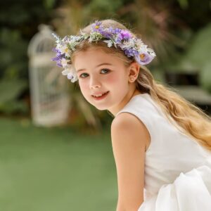 DreamLily Boho Wedding Floral Crown Woodland Fairy Crown Flower Girl rose Crown Hair Wreath with Tail DFS28 (Lavender)