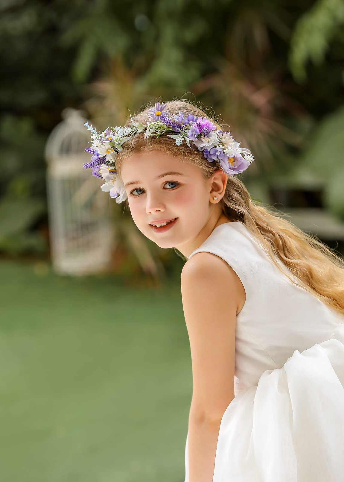 DreamLily Boho Wedding Floral Crown Woodland Fairy Crown Flower Girl rose Crown Hair Wreath with Tail DFS28 (Lavender)