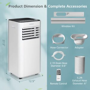 COSTWAY 10000 BTU Portable Air Conditioner, with Fan & Dehumidifier Mode, Quiet AC Unit with Sleep Mode, 2 Speeds, 24H Timer, LED Display, Remote Control, Cool Rooms up to 350 Sq.Ft for Bedroom, Dorms