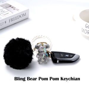 YOU WIZV Teddy Bear Keychain, Cute Bling Keychains for Women and Puff Ball key chains for Car Keys, Backpack, Purse Accessories, Aesthetic Black Pom Pom Keychain