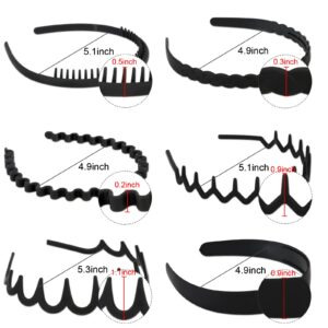 WHAVEL 6 PCS Non Slip Plastic Headbands for Women, Black Headband with Teeth Comb Head Band Wavy Zig Zag Headbands Effortless Hair Bands for Women Men Summer(A)