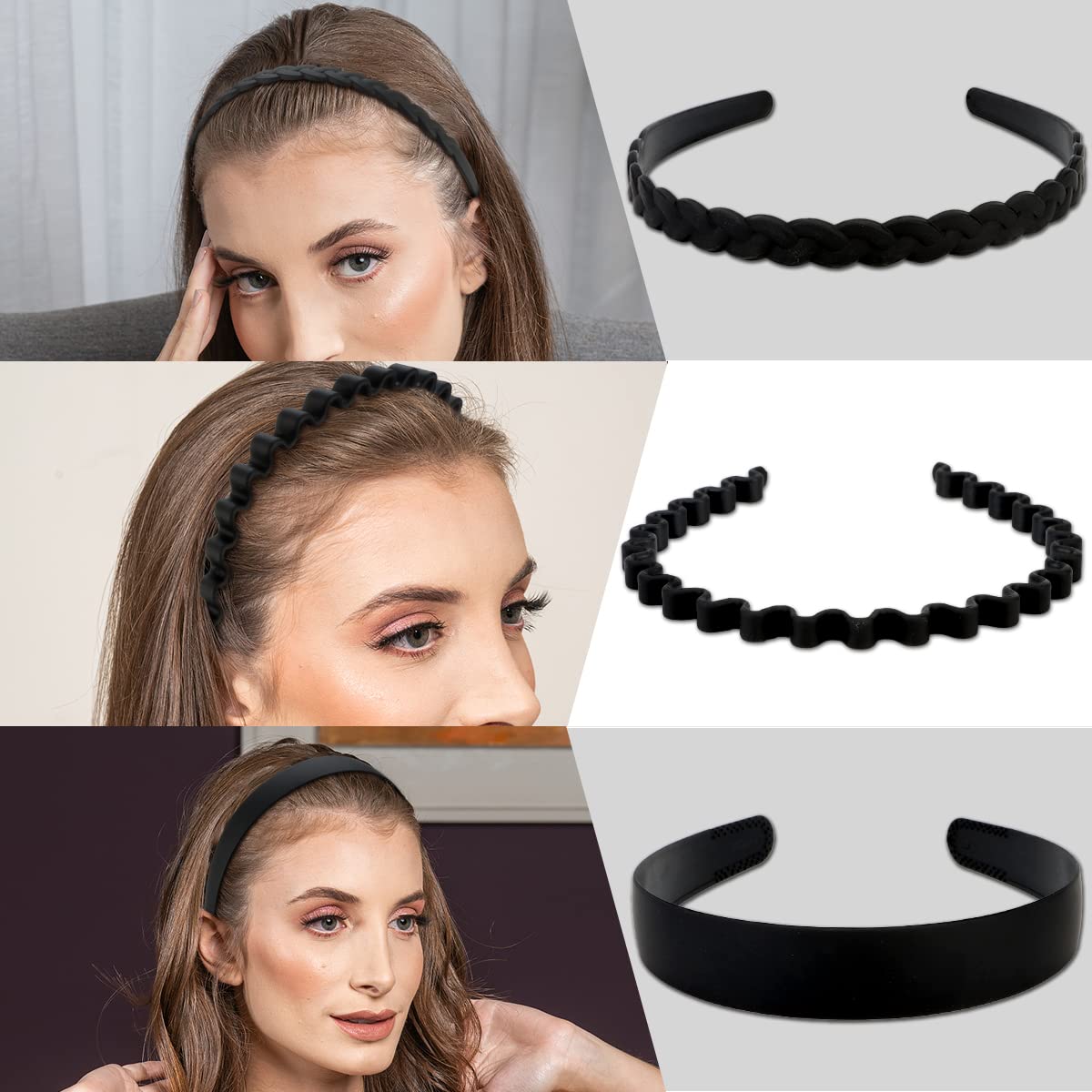 WHAVEL 6 PCS Non Slip Plastic Headbands for Women, Black Headband with Teeth Comb Head Band Wavy Zig Zag Headbands Effortless Hair Bands for Women Men Summer(A)