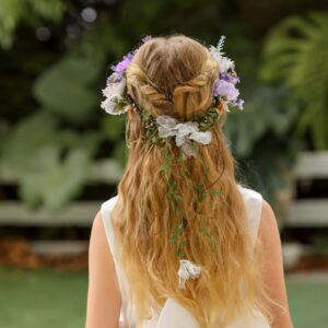 DreamLily Boho Wedding Floral Crown Woodland Fairy Crown Flower Girl rose Crown Hair Wreath with Tail DFS28 (Lavender)