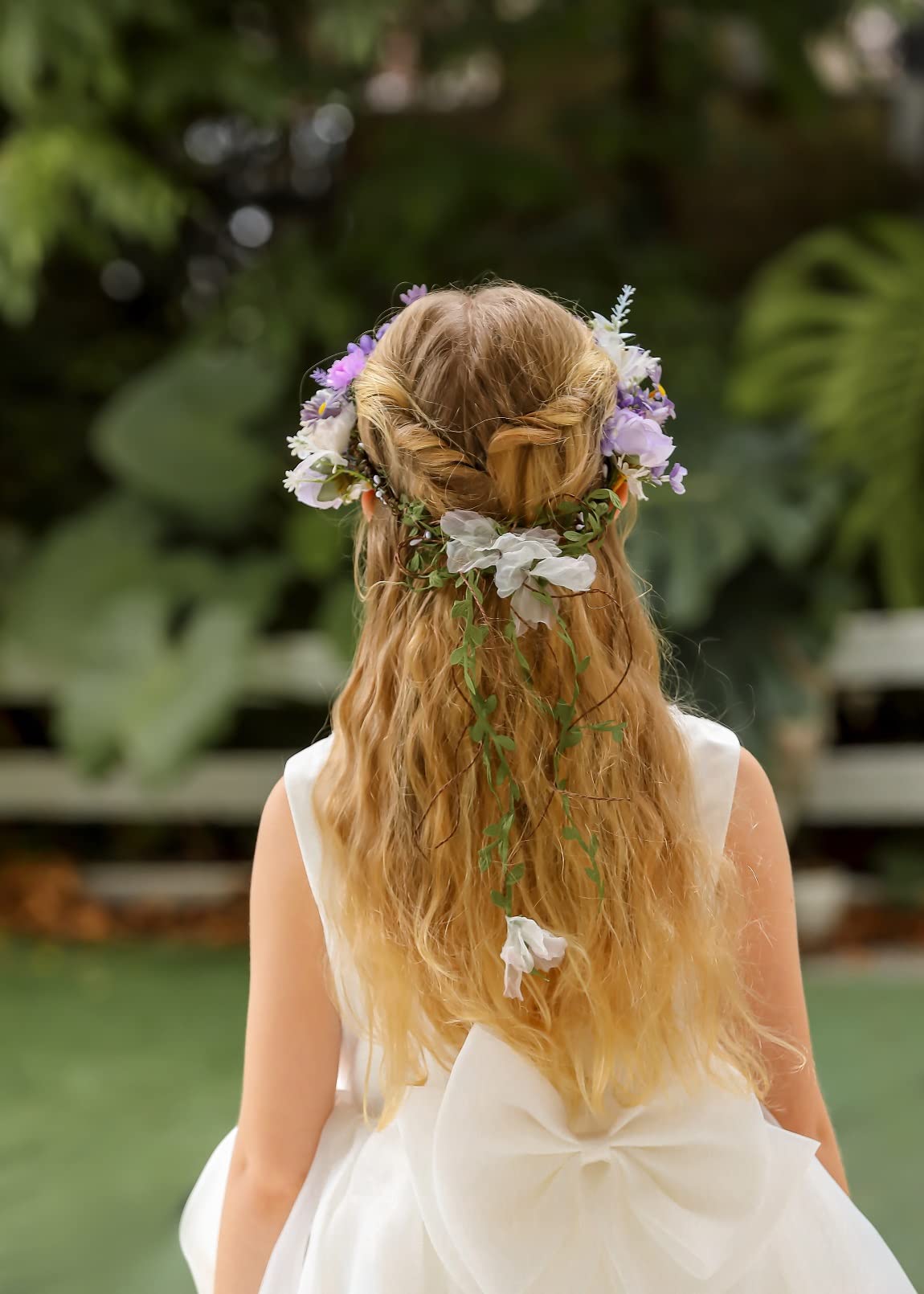 DreamLily Boho Wedding Floral Crown Woodland Fairy Crown Flower Girl rose Crown Hair Wreath with Tail DFS28 (Lavender)