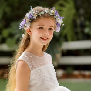 DreamLily Boho Wedding Floral Crown Woodland Fairy Crown Flower Girl rose Crown Hair Wreath with Tail DFS28 (Lavender)