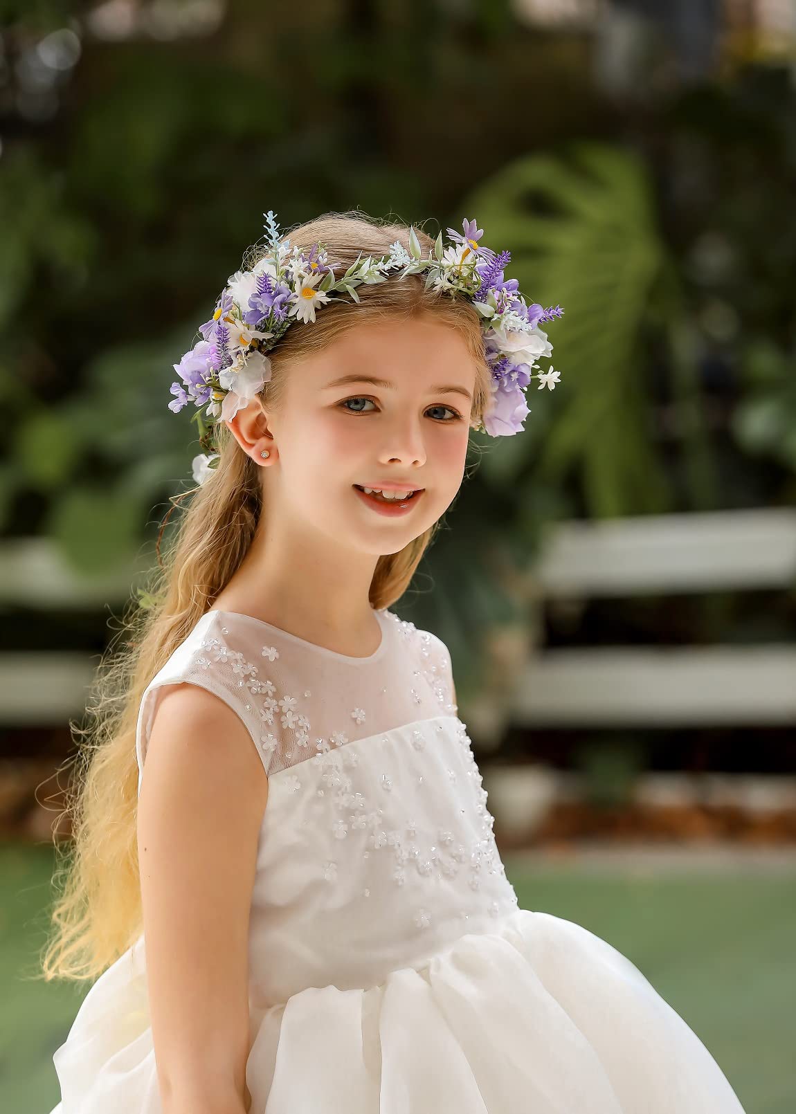 DreamLily Boho Wedding Floral Crown Woodland Fairy Crown Flower Girl rose Crown Hair Wreath with Tail DFS28 (Lavender)