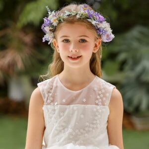 DreamLily Boho Wedding Floral Crown Woodland Fairy Crown Flower Girl rose Crown Hair Wreath with Tail DFS28 (Lavender)