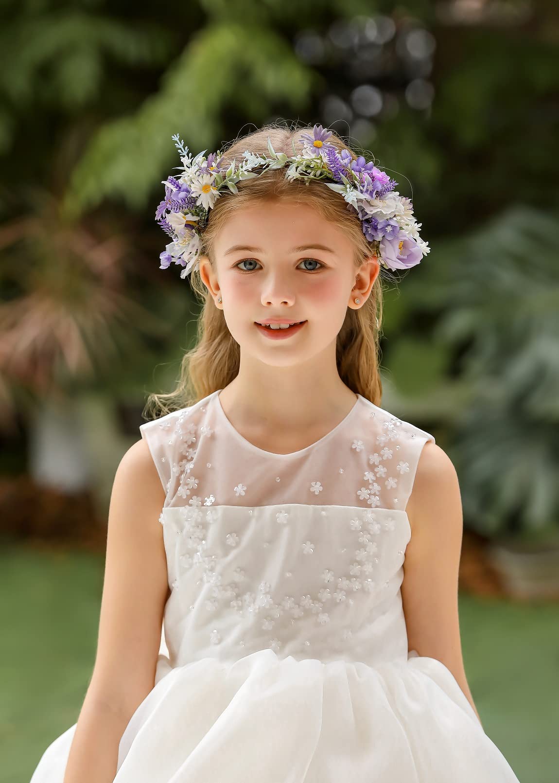 DreamLily Boho Wedding Floral Crown Woodland Fairy Crown Flower Girl rose Crown Hair Wreath with Tail DFS28 (Lavender)