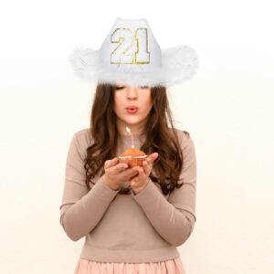 JUSTOTRY 21st Birthday White Cowboy Hat - 21ST Birth day Outfit Gifts for Women Cowgirl Hats with Wide Brime for 21st Birthday Decorations