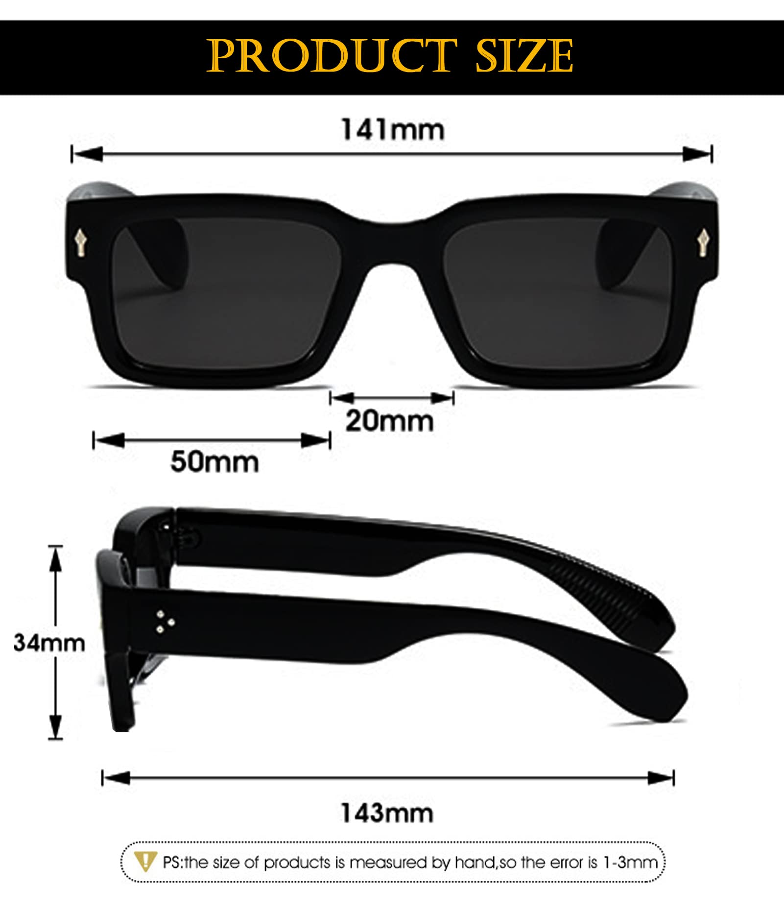 EYLRIM Square Frame Sunglasses for Women Men Trendy Chunky Rectangle Sun Glasses Black Shades UV400 Protection(A1 Black/Grey)