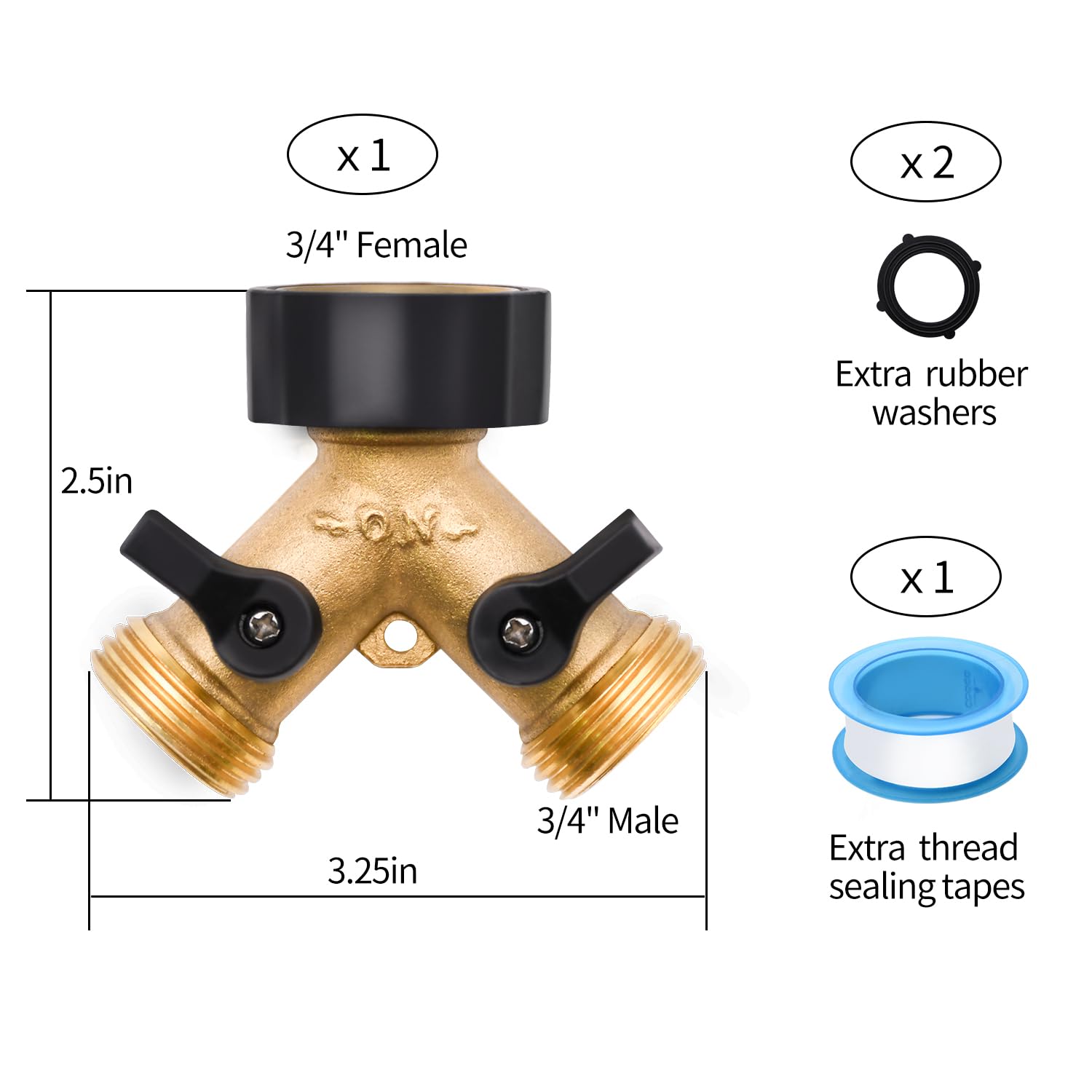 1/2/4 Pack Hose Splitter, 2 Way Heavy Duty Brass Garden Hose Splitter, for 3/4" Hose Connector, Brass Garden Hose Manifold with Rubber Washers & Tapes(1 pack 2 way)