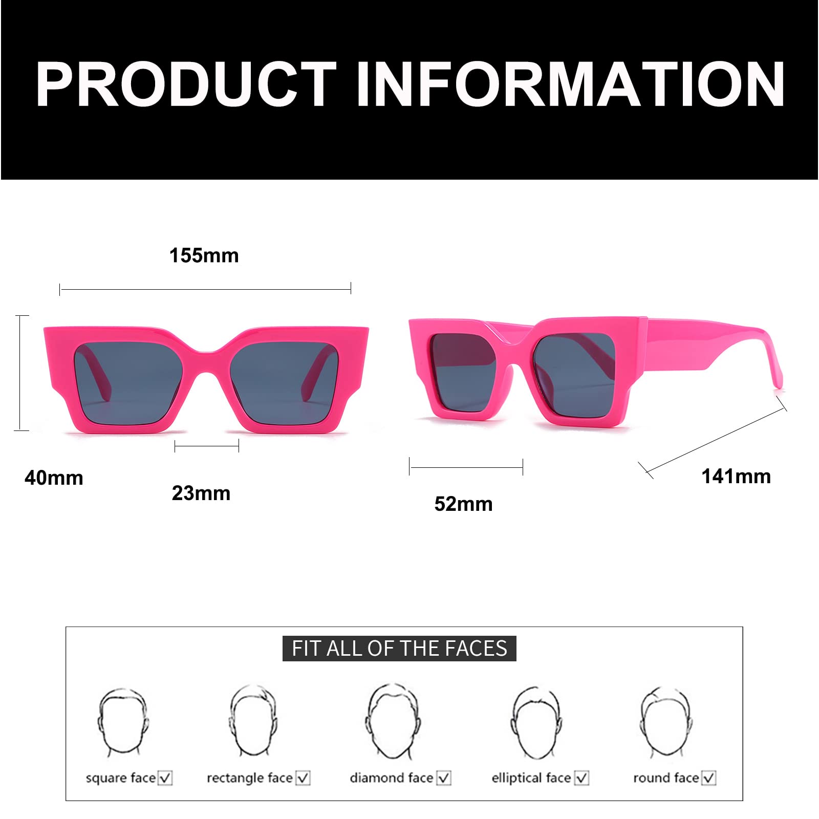 SORVINO Trendy Square Sunglasses for Women Ladies Square Oversized Frame Sun Glasses Hot Pink Black Sunnies