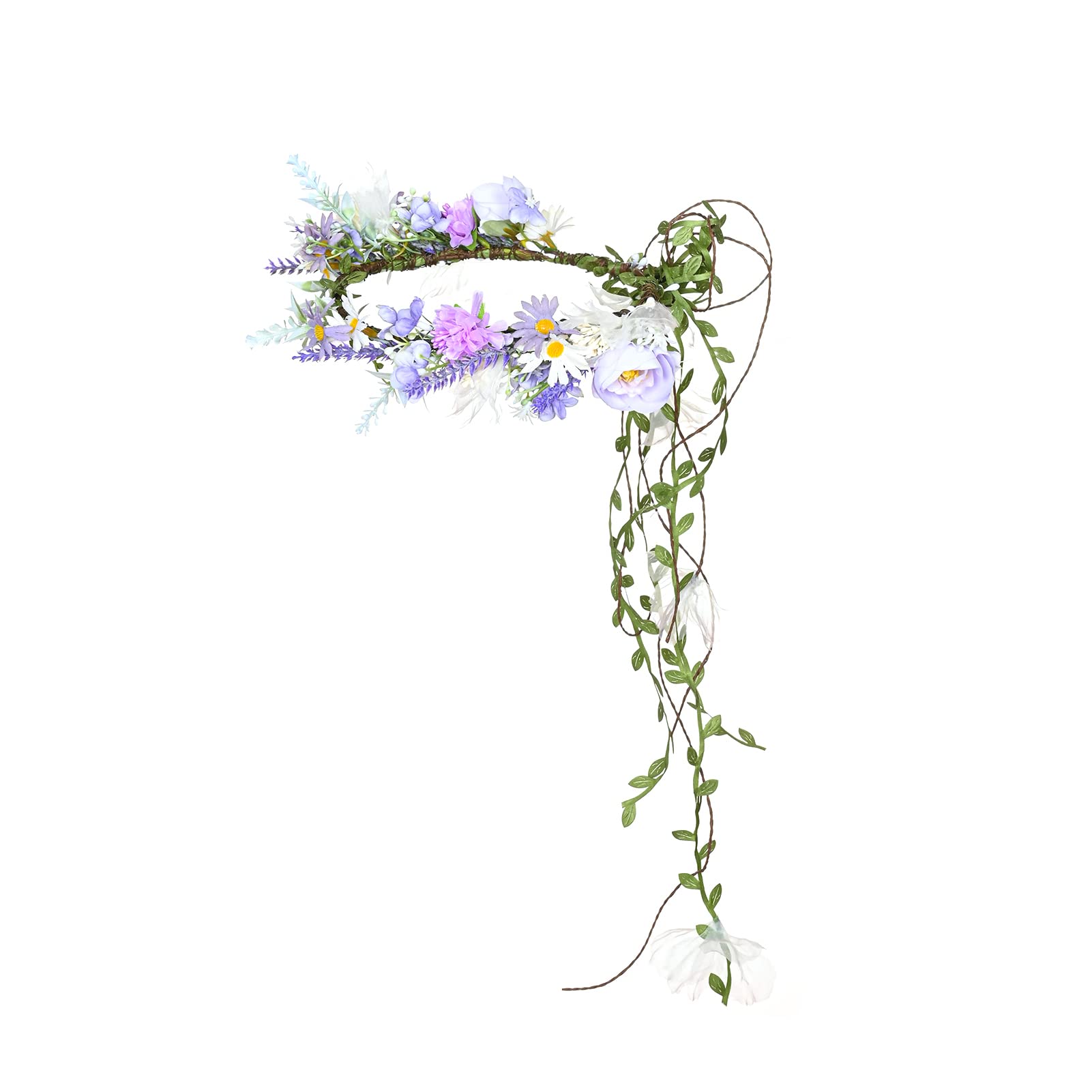 DreamLily Boho Wedding Floral Crown Woodland Fairy Crown Flower Girl rose Crown Hair Wreath with Tail DFS28 (Lavender)