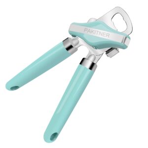 pakitner - can opener manual, safe cut heavy duty hand can opener with magnetic lifter, stainless steel with sharp blade smooth edge can opener, easy big turn knob, with bottle opener, aqua sky