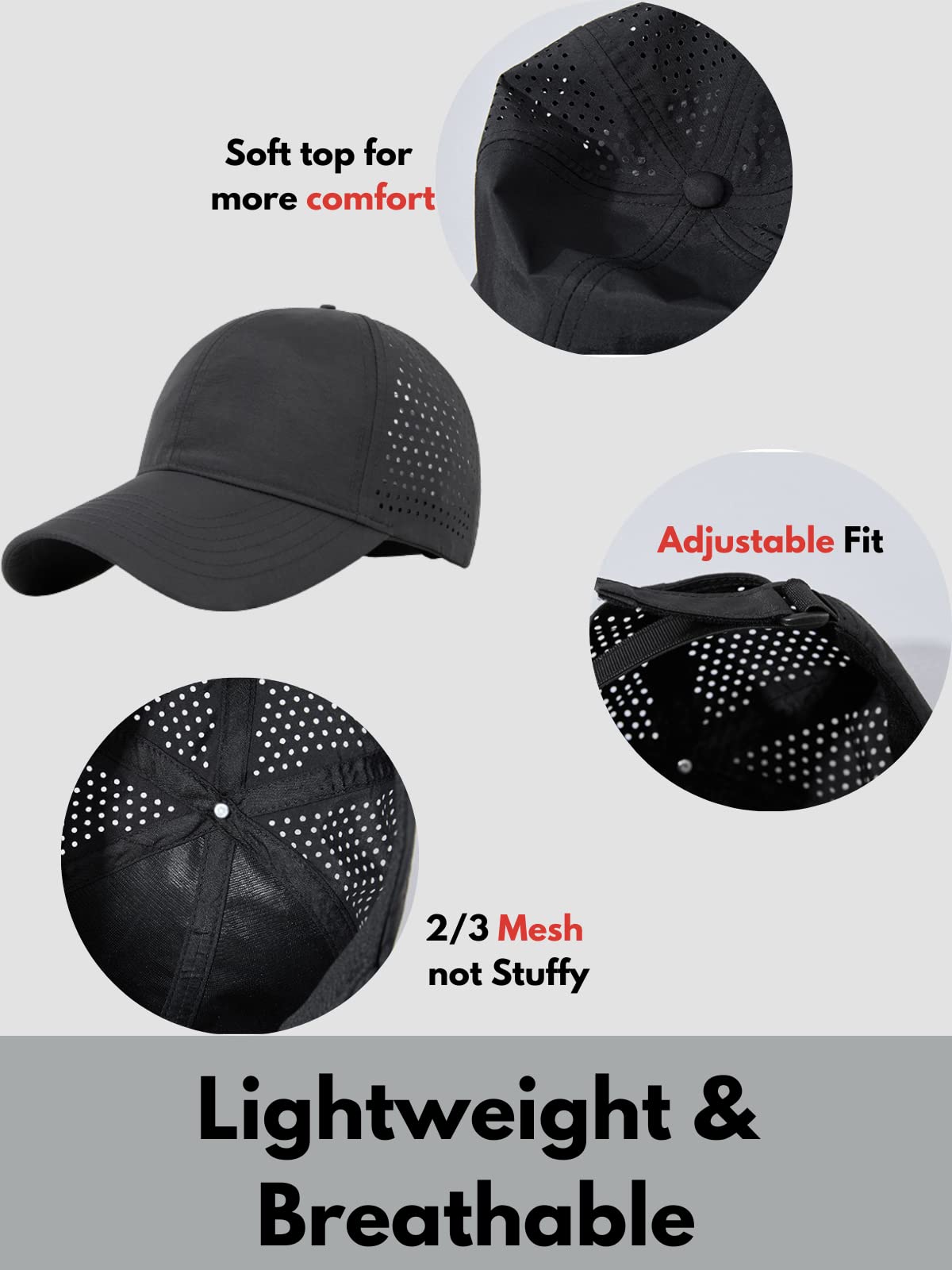 Oversize XXL Baseball Caps,Quick Dry Mesh Sports Hat for Big Heads 22"-25"，Waterproof Lightweight Running Sun Hat. (Black)