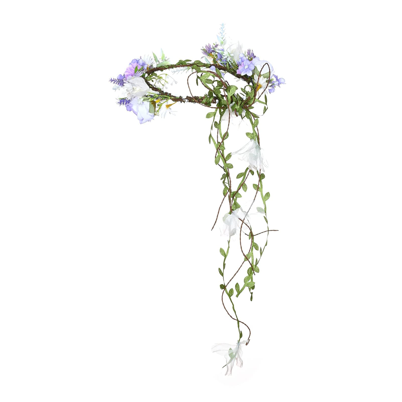 DreamLily Boho Wedding Floral Crown Woodland Fairy Crown Flower Girl rose Crown Hair Wreath with Tail DFS28 (Lavender)