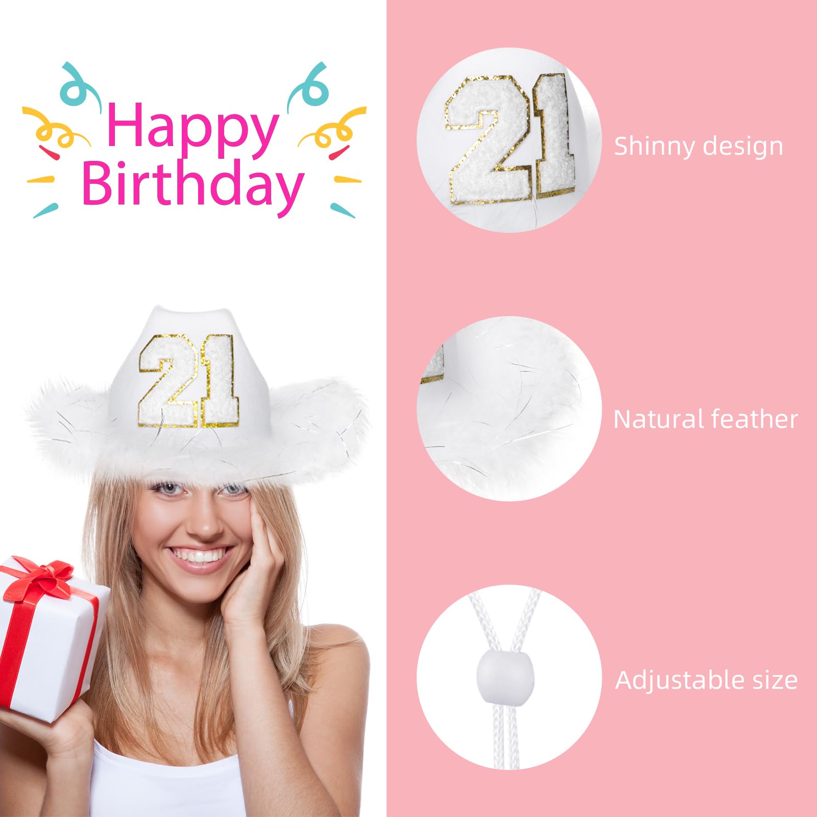 JUSTOTRY 21st Birthday White Cowboy Hat - 21ST Birth day Outfit Gifts for Women Cowgirl Hats with Wide Brime for 21st Birthday Decorations