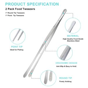 MOJOTORY 2Pcs Kitchen Tweezers Tongs, Cooking Tweezers, Chef Tweezers Tongs for Cooking, Long Handle Food Tweezers for Plating, Stainless Steel Culinary Tweezers (12"Round Tip + 8"Point Tip Sets)