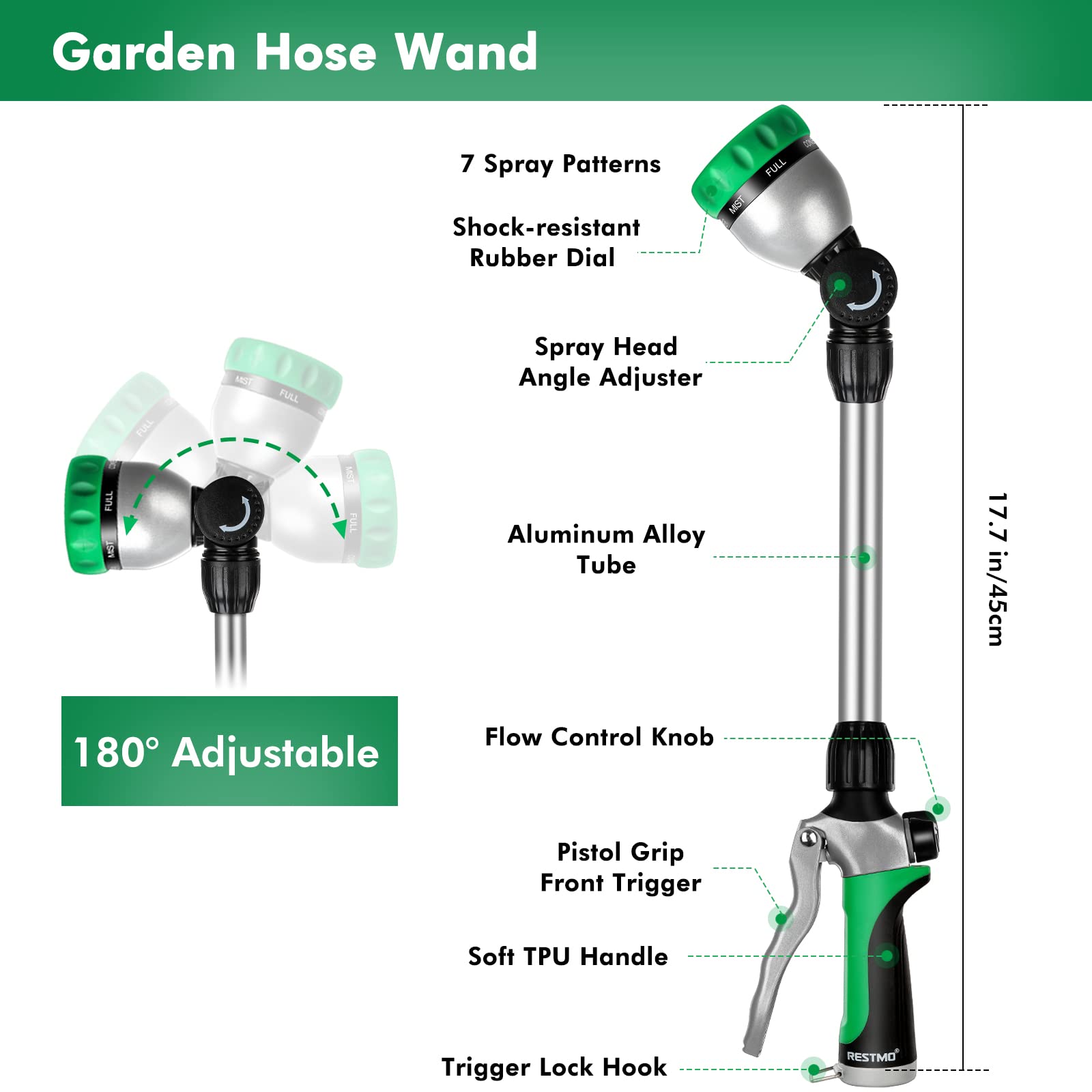 RESTMO Metal Watering Wand, Heavy Duty Garden Hose Wand with 180° Swivel Ratcheting Head, 16-Inch Hose Nozzle Sprayer with 7 Spray Patterns and Flow Control, Ideal to Water Hanging Baskets and Shrubs