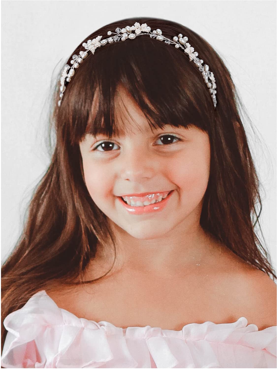 SWEETV Hairband, Flower Girl Headpiece with Flowers and Pearls, Wedding Headband for Girls, First Communion Headpiece for Girls, Princess Pearl Hair Accessories for Birthday Party