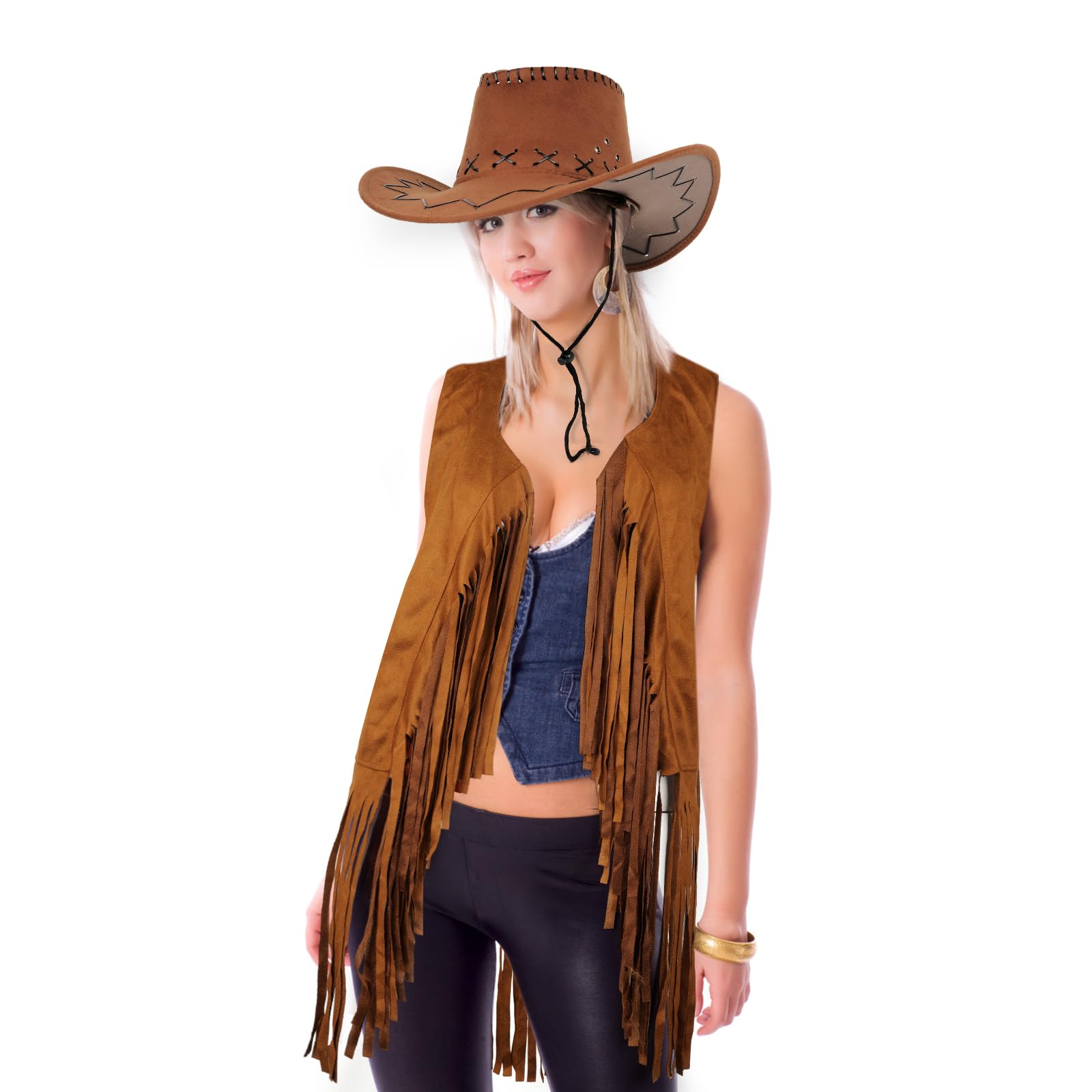 MAKCNMYM Women Tassel Fringe Vests 70s Hippie Faux Suede Sleeveless Fringed Jacket Western Cowgirl Outfits with Cowboy Hat Heart-Shaped Sunglasses Women Costume Accessories Open-Front Vintage Vest