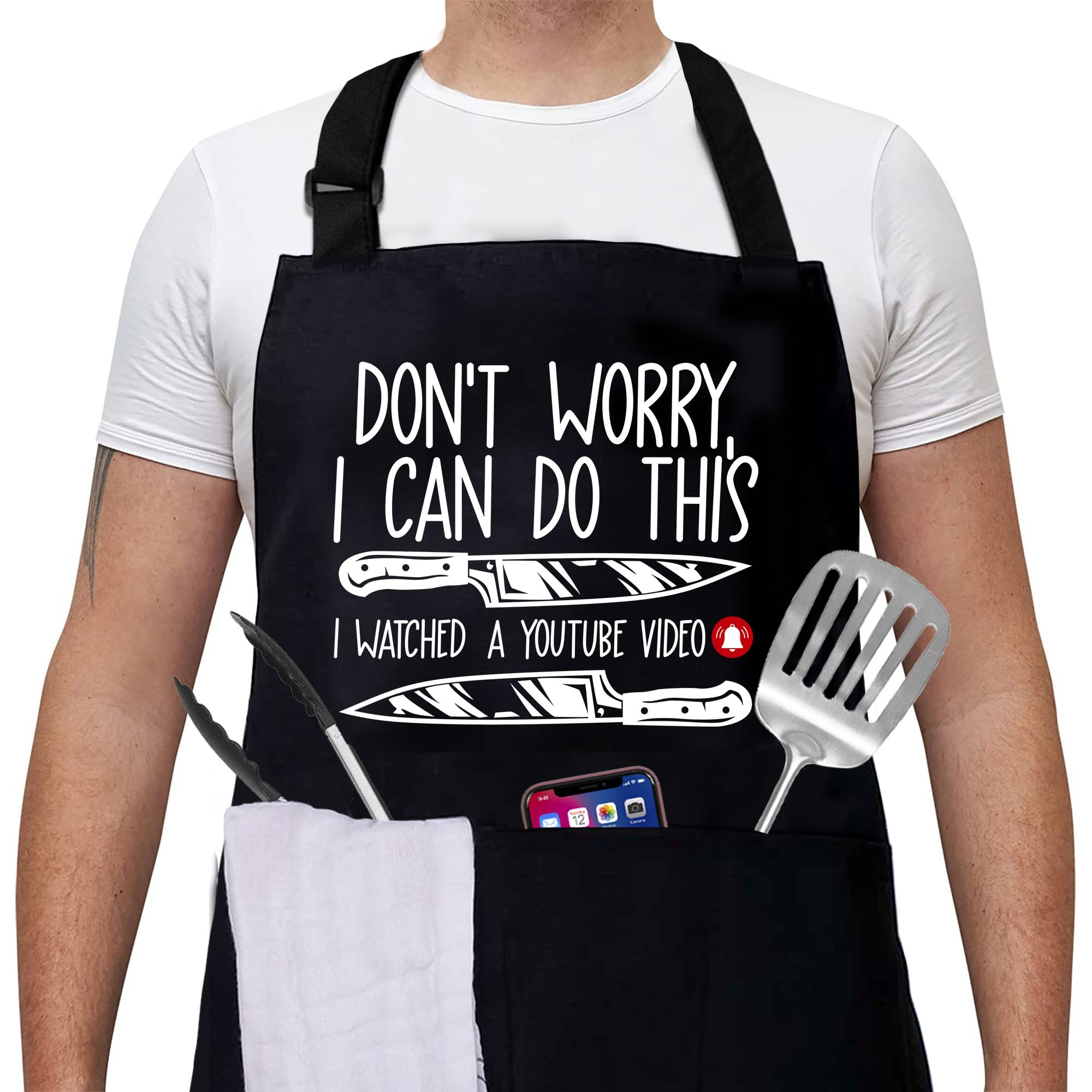 Cusugbaso Funny Aprons for men, Chef Cooking Aprons One Size with Three Pockets Funny Grill Gifts for Men, Dad, Husband - Cooking Chef Aprons for Birthday, Christmas, Fathers Day