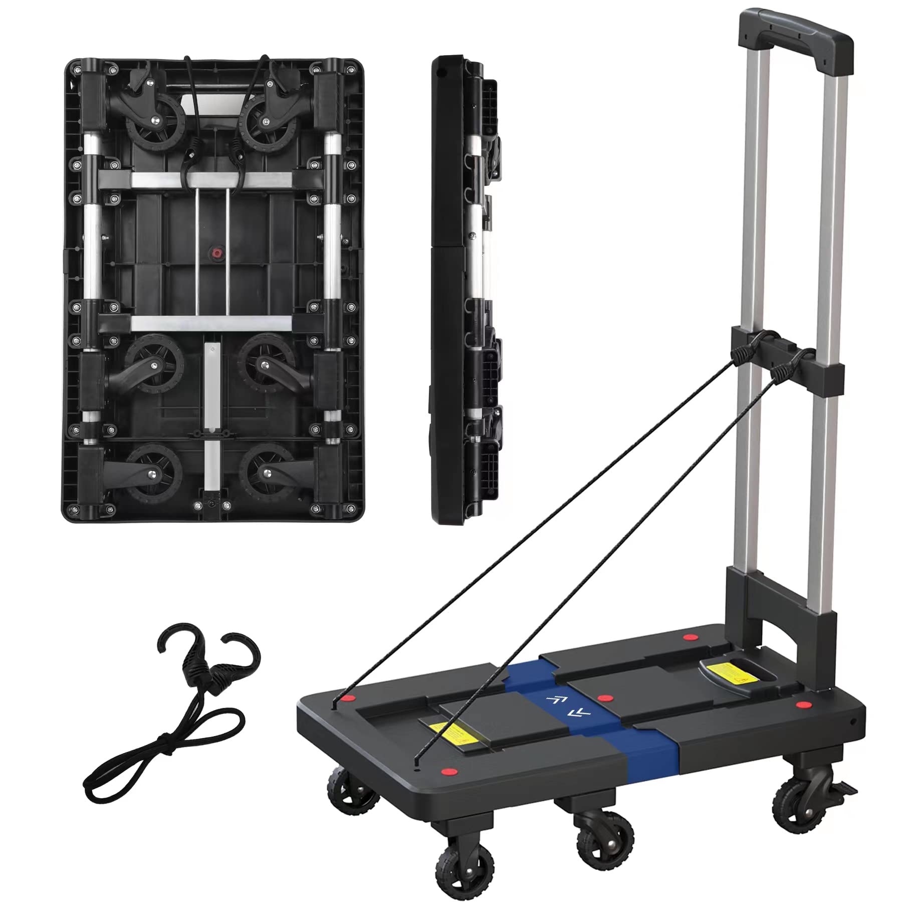 Klonvs Folding Hand Truck Dolly, 650 LBS Portable Shopping Carts with 6 Foldable Rotary Wheels (2 Brake Wheels) & 2 Elastic Ropes, Utility Cart Heavy Duty for Travel, Moving, Airport, Office Use