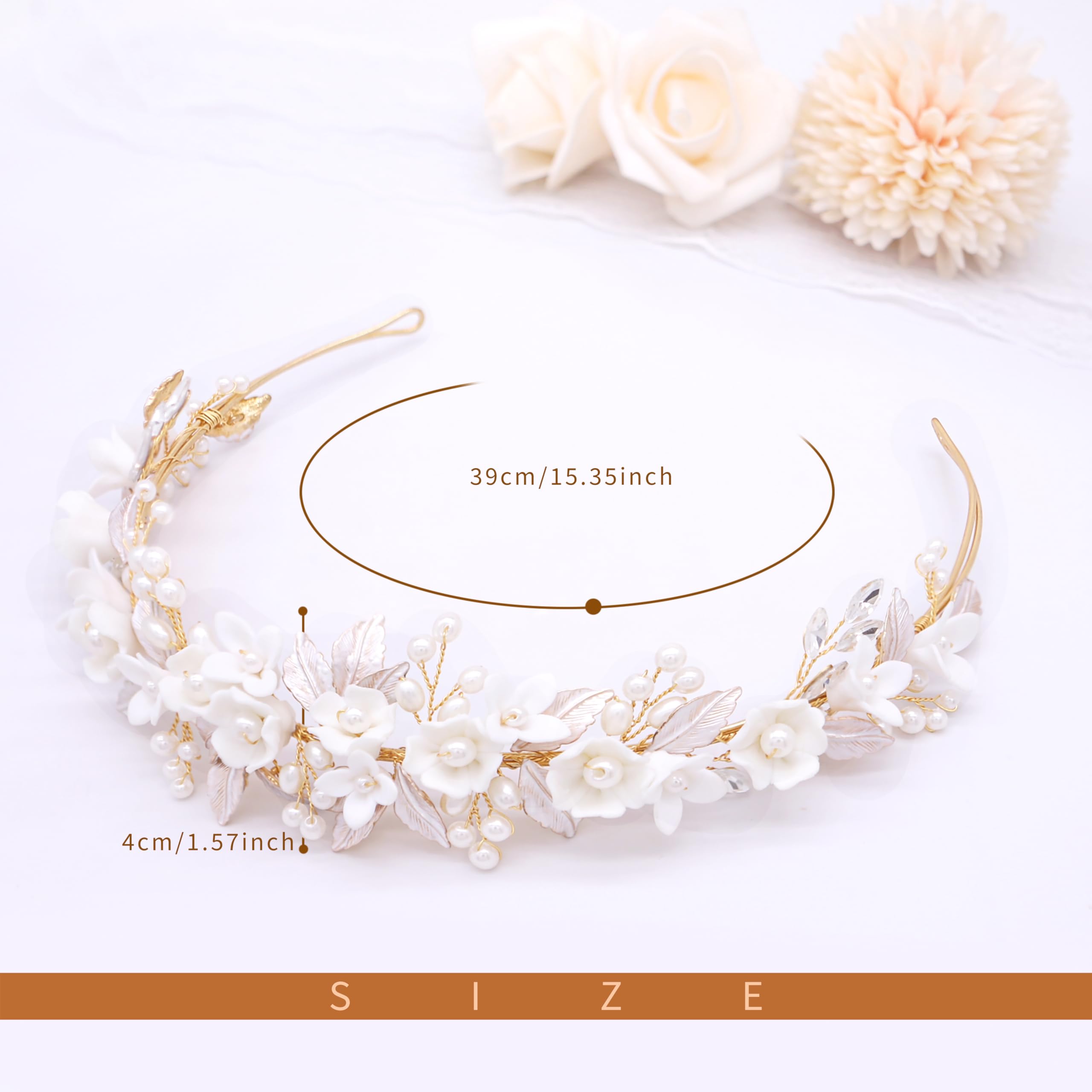 Oriamour Gold Bridal Headbands Wedding Headpieces With Ceramic Flowers Wide Pearl Wedding Hair Accessories For Women And Girls