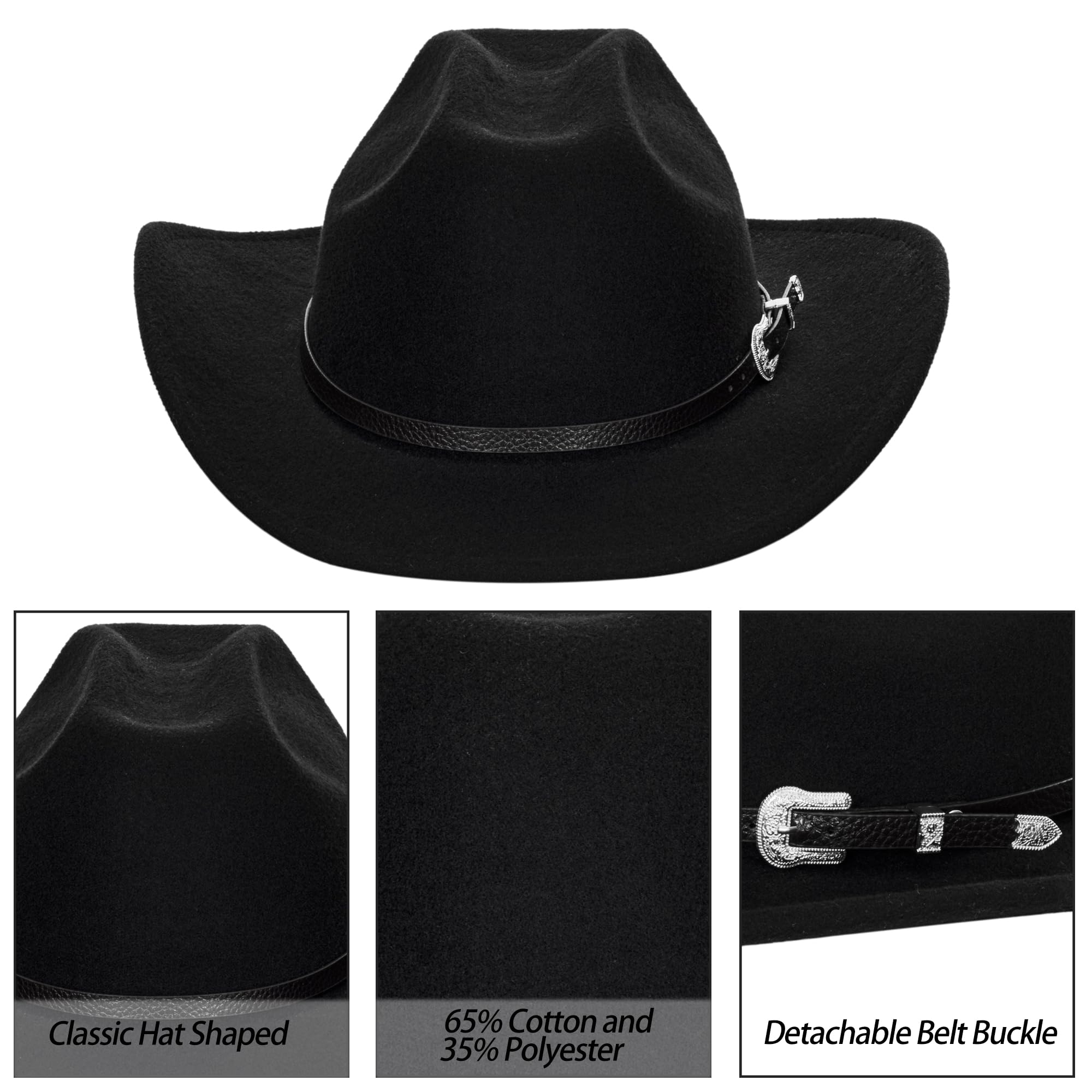 Western Cowboy Hat for Men Women - Classic Felt Wide Brim Fedora Hat with Belt Buckle Black