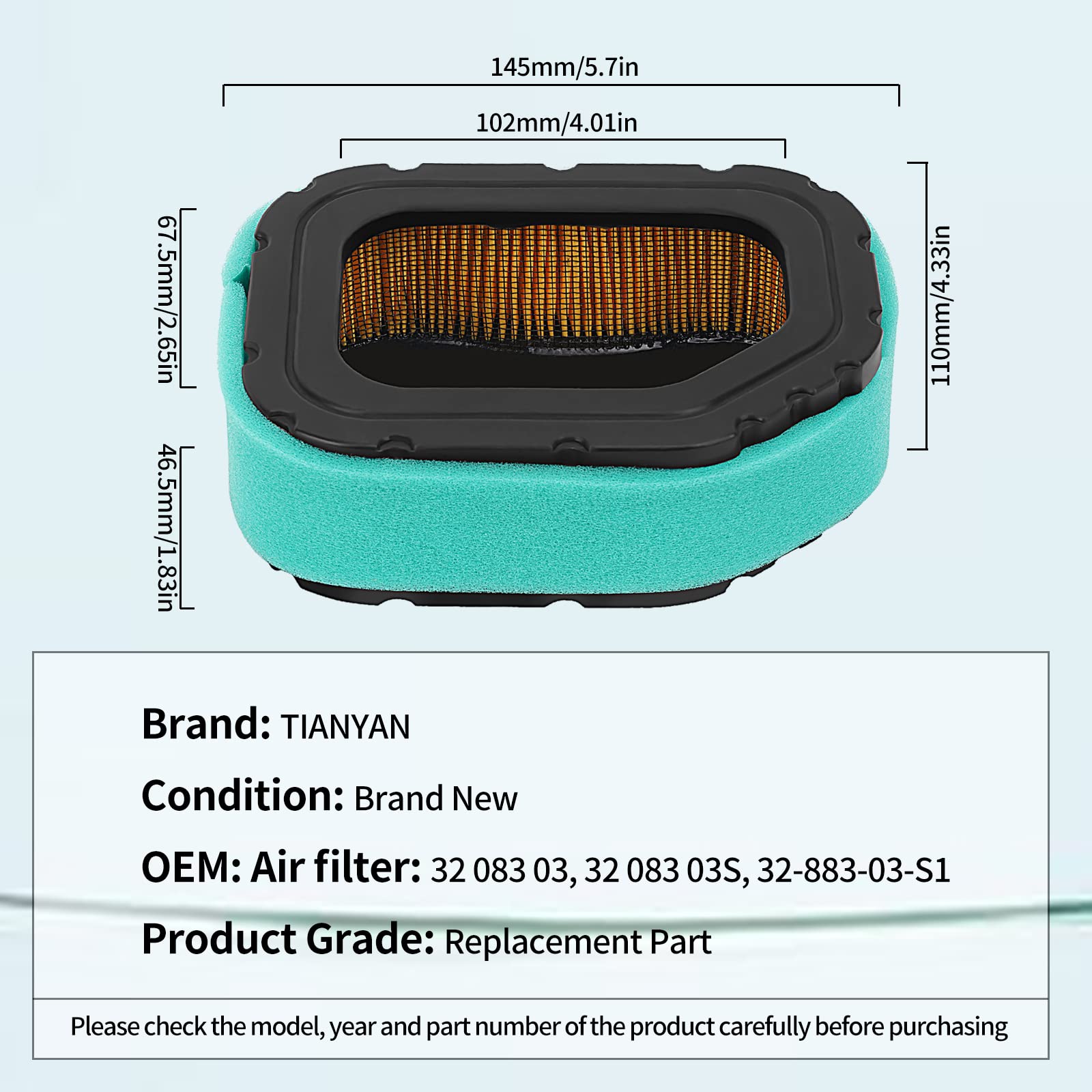 TIANYAN 32 083 03-S Air Filter+52 050 02-S Oil Filter Replacement for Kohler SV710 SV715 SV720 SV730 SV735 SV740 SV810 SV820 SV830 SV840 Engine 20HP - 27HP Lawn Mower Replace 32 083 03, 32 083 03S