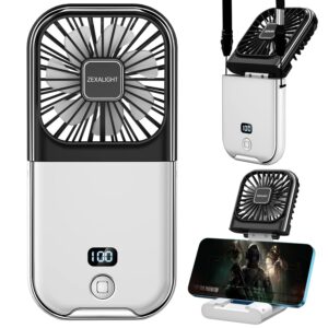 zexalight upgraded 5-in-1 portable handheld fan, necklace fan, mini desk fan, foldable phone stand, emergency backup power, quiet usb rechargeable personal fans with led digital screen (black & white)