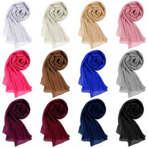 Newcotte 12 Pcs Soft Chiffon Scarves Shawl 12 Solid Color Long Scarf Chiffon Hijab for Women Hair Head Wraps for Evening Dresses, 70 x 28 Inches